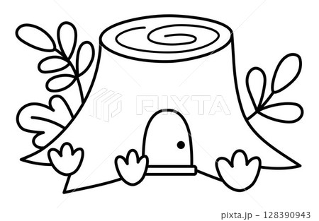 Vector black and white little dwarf house shaped as tree stump. Tiny gnome home line clipart. Fantasy forest or woodland cottage illustration. Magic fairytale dwelling icon, coloring page Vector black and white little dwarf house shaped as tree stump. Tiny gnome home line clipart. Fantasy forest or woodland cottage illustration. Magic fairytale dwelling icon, coloring page 128390943