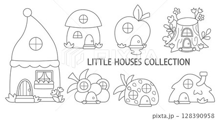 Vector black and white fairy, gnome or dwarf house clipart set. Woodland line home icons collection. Fantasy forest cottages illustrations, coloring page. Magic fairytale dwelling Vector black and white fairy, gnome or dwarf house clipart set. Woodland line home icons collection. Fantasy forest cottages illustrations, coloring page. Magic fairytale dwelling 128390958