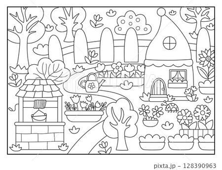 Vector black and white empty dwarf garden background. Cute gnome country line landscape. Woodland, fantasy forest scene, coloring page with tree, house. Fairytale illustration Vector black and white empty dwarf garden background. Cute gnome country line landscape. Woodland, fantasy forest scene, coloring page with tree, house. Fairytale illustration 128390963