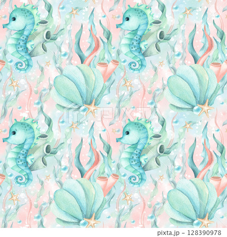 Children's characters sea style seamless pattern with seahorse, seaweed, seashell, stars and bubbles. Watercolor illustration isolated on soft pink turquoise spot. Kids design for textile, packaging 128390978