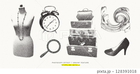 Vintage Stippling Illustration with a Photocopy Grainy Texture Featuring a Mannequin, Clock, Luggage, Magnifying Glass, High Heel 128391018