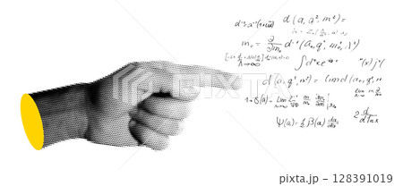 Left hand drawn in monochromatic retro style, pointing on the handwritten scientific formulas Left hand drawn in monochromatic retro style, pointing on the handwritten scientific formulas 128391019