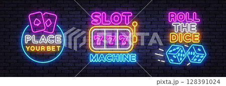 Neon sign set featuring place your bet, slot machine, and roll the dice. Colorful glowing elements with cards, dice and lucky 777 on black brick background. 128391024