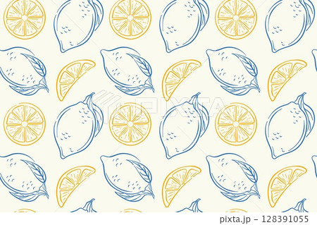 Seamless lemon pattern with whole fruit, slice and leaf in line art style. Citrus background for packaging, kitchen wallpaper, grocery store or summer design. 128391055