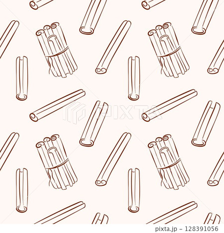 Seamless pattern with hand drawn cinnamon stick in brown line art style. Perfect for spice package, kitchen decor, packaging, herbal background and organic project. 128391056