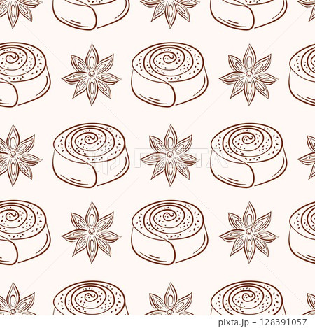 Cinnamon roll pastry with star anise seamless pattern in line art style. Perfect for bakery packaging, food design, breakfast menu and sweet pastry cafe. Cinnamon roll pastry with star anise seamless pattern in line art style. Perfect for bakery packaging, food design, breakfast menu and sweet pastry cafe. 128391057
