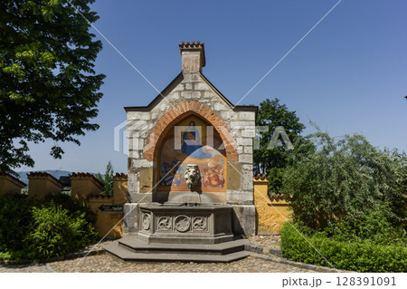 Hohenschwangau fountain of the Catholic Madonna.Schwangau, Bavaria, Germany - June 14, 2025 128391091