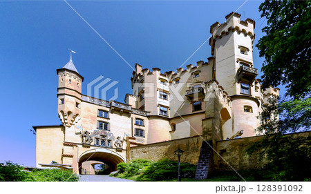 Panoramic area of Bavarian landscape with Hohenschwangau Castle near Fussen, Germany. 128391092