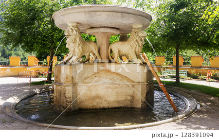Hohenschwangau Castle in Schwangau, Bavaria, June 14, 2025.Germany. Fountain with lions  128391094