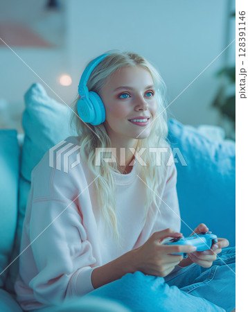 Blonde gamer relaxing on couch, wearing wireless headphones and gripping gaming controller with cheerful expression Blonde gamer relaxing on couch, wearing wireless headphones and gripping gaming controller with cheerful expression 128391146