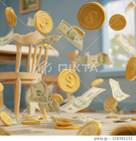 Crisp dollar bills and golden coins cascading onto wooden floor, symbolizing financial prosperity and economic success 128391152
