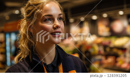 Smiling supermarket worker standing near shelves, turning head with warm expression 128391205