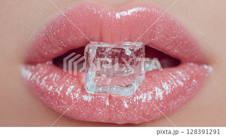 Close-up of perfect shiny pink lips holding an ice cube, beauty and skincare concept 128391291