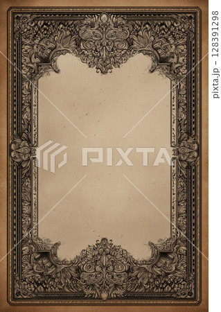 Intricate vintage frame with ornamental floral, fantasy, and acanthus leaf patterns bordering aged parchment, embodying refined decorative elegance 128391298
