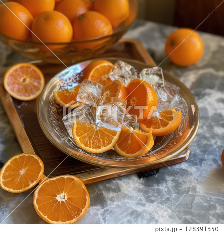 Bright orange slices and ice cubes are artistically arranged on a decorative tray, complemented by a bowl filled with whole oranges. This setup captures a lively and refreshing essence. 128391350