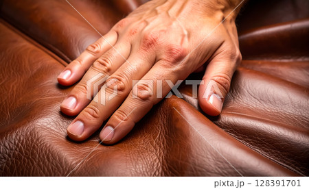 革素材の上に置かれた手のクローズアップ / 質感と触覚を強調したリアルなビジュアル 革素材の上に置かれた手のクローズアップ / 質感と触覚を強調したリアルなビジュアル 128391701