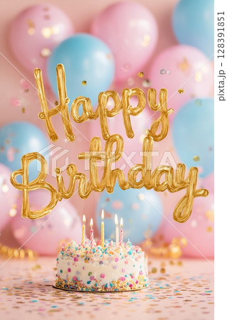 Festive Birthday Celebration With Cake and Colorful Balloons in Cheerful Setting 128391851