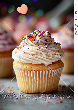 Sweet Vanilla Cupcake With Colorful Sprinkles on a Festive Table 128391853
