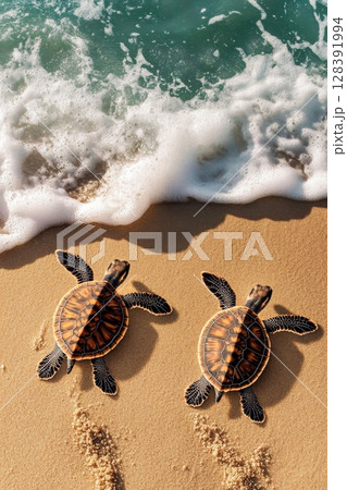 Turtle Hatchlings Making Their Way to the Ocean on a Sandy Beach at Sunrise. Turtle Hatchlings Making Their Way to the Ocean on a Sandy Beach at Sunrise. 128391994
