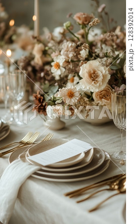 Beautiful Floral Centerpiece Arrangement at Outdoor Dining Table During Golden Hour. 128392014