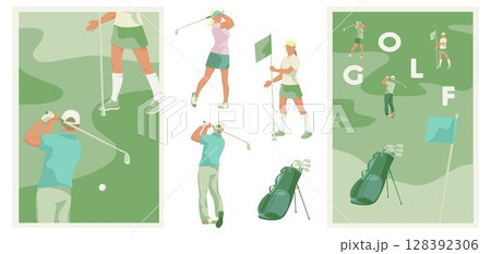 set of Golf posters and elements, Vector illustration of golf game, golfer, ball with club and hole, golf course 128392306