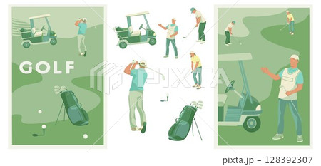 set of Golf posters and elements, Vector illustration of golf game, golfer, ball with club and hole, golf course, golf car 128392307