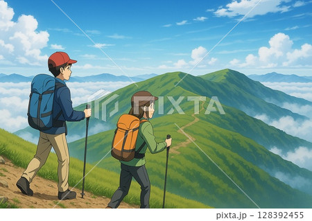雲海と尾根道を進む登山ペア 128392455