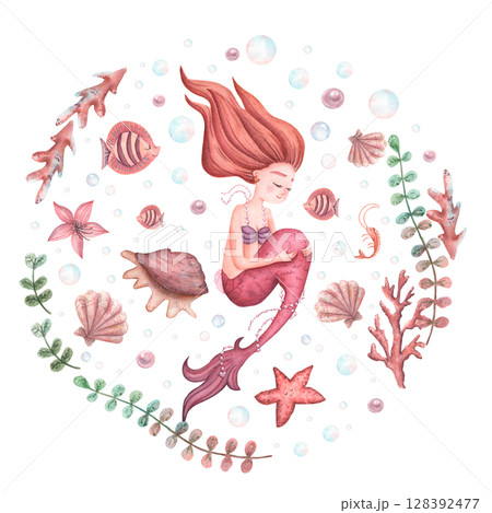Watercolor mermaid with cute fishes in magenta, ready print. Illustration of children linen or kids textiles. Drawing for nursery wall. Watercolor mermaid with cute fishes in magenta, ready print. Illustration of children linen or kids textiles. Drawing for nursery wall. 128392477