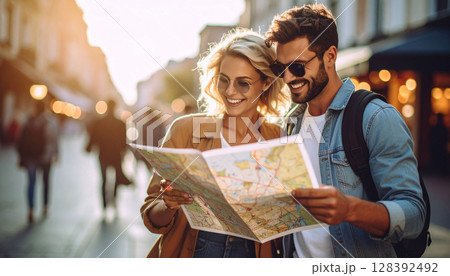 地図を見ながら観光を楽しむ外国人カップル 地図を見ながら観光を楽しむ外国人カップル 128392492