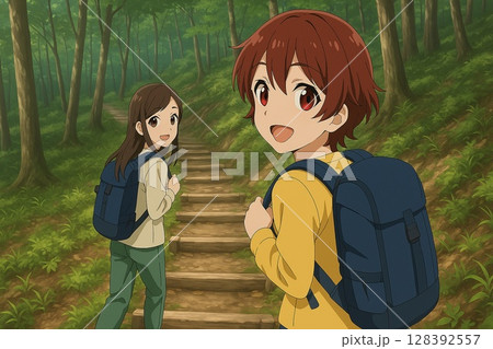 林の中を笑顔で歩く登山女子ペア 128392557