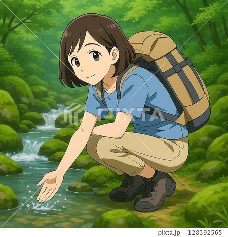 森の沢で水に触れる登山女子 128392565