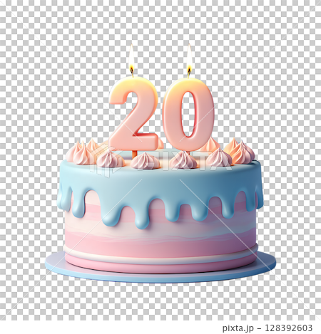 3d birthday cake with candles in 20 numbers, celebration dessert with frosting isolated on transparent background 128392603