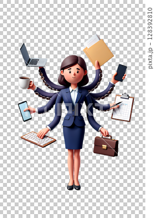 3d stylized businesswoman with multiple arms managing tasks, multitasking professional juggling work items isolated 128392810