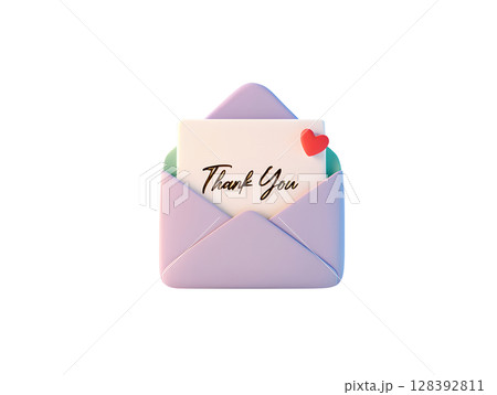 Thank you note in envelope with heart seal, 3d gratitude concept for valentine or appreciation card isolated 128392811
