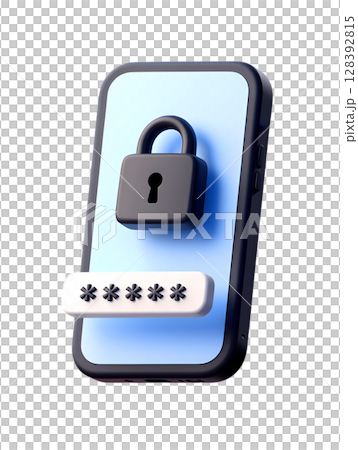 Smartphone with password lock icon, 3d secure access concept for privacy protection isolated on transparent background Smartphone with password lock icon, 3d secure access concept for privacy protection isolated on transparent background 128392815
