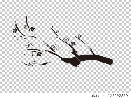 梅の和風手書き筆イラスト　墨絵モノクロ 128392829