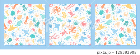 Seamless underwater pattern with marine creatures in cartoon graphic style set. Flat ocean background with coral, aquatic animals, and reef life. Perfect design for sea themes, summer textiles, and Seamless underwater pattern with marine creatures in cartoon graphic style set. Flat ocean background with coral, aquatic animals, and reef life. Perfect design for sea themes, summer textiles, and 128392908