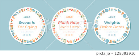 Set of colorful flat circle frames with fitness and gym equipment. Vibrant banner design for workout and healthy lifestyle. Ideal for exercise, training, sport backgrounds. 128392910