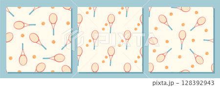 Colorful tennis rackets and balls seamless pattern in flat style set. Dynamic tennis equipment set for gym or workout decor. Vibrant wallpaper with sport theme suitable for fitness backgrounds. 128392943