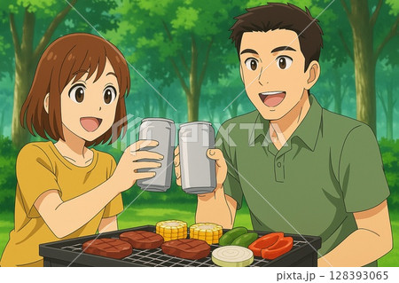 キャンプで乾杯！笑顔のカップルとバーベキュー（アニメ風） 128393065