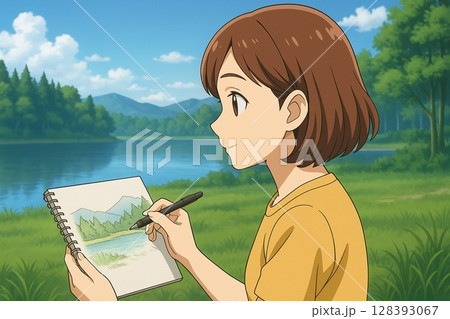 自然をスケッチする少女のキャンプ体験（アニメ風） 128393067