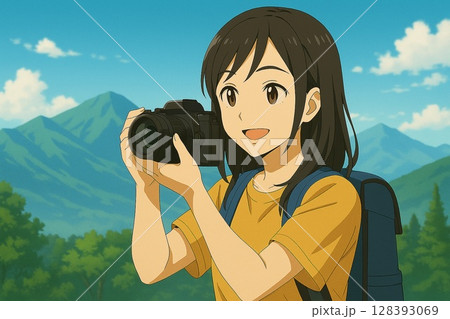 山の絶景を撮影する女性のアウトドア体験(アニメ風) 山の絶景を撮影する女性のアウトドア体験(アニメ風) 128393069