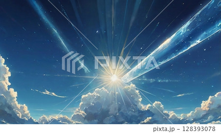 澄み渡る青空に神秘の光が舞い降りる幻想の瞬間 澄み渡る青空に神秘の光が舞い降りる幻想の瞬間 128393078