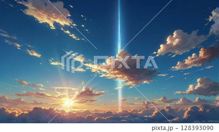 澄み渡る青空に神秘の光が舞い降りる幻想の瞬間 澄み渡る青空に神秘の光が舞い降りる幻想の瞬間 128393090