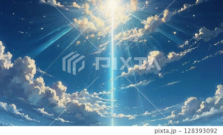 澄み渡る青空に神秘の光が舞い降りる幻想の瞬間 澄み渡る青空に神秘の光が舞い降りる幻想の瞬間 128393092