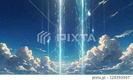 澄み渡る青空に神秘の光が舞い降りる幻想の瞬間 澄み渡る青空に神秘の光が舞い降りる幻想の瞬間 128393097