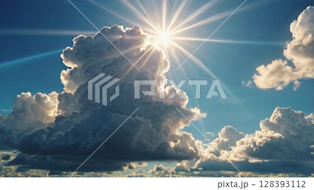 澄み渡る青空に神秘の光が舞い降りる幻想の瞬間 澄み渡る青空に神秘の光が舞い降りる幻想の瞬間 128393112