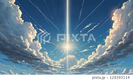 澄み渡る青空に神秘の光が舞い降りる幻想の瞬間 128393114