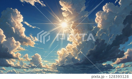 澄み渡る青空に神秘の光が舞い降りる幻想の瞬間 128393128