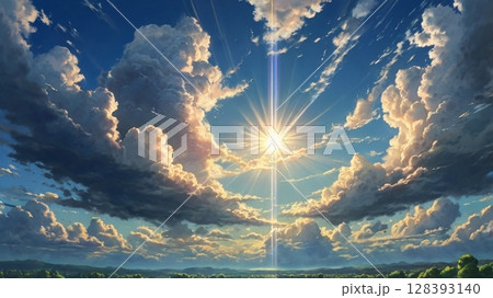 澄み渡る青空に神秘の光が舞い降りる幻想の瞬間 澄み渡る青空に神秘の光が舞い降りる幻想の瞬間 128393140